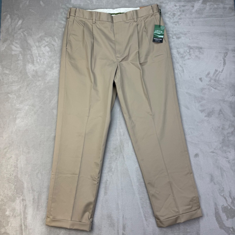 Orvis Wrinkle-Free Stretch Cotton Pants Mens 36 Beige Pleated Cuffed Slacks NWT